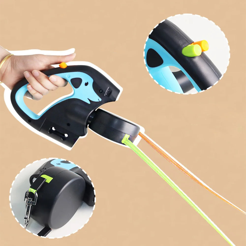 Auto Retractable Dog Leash 3M Extendable Rope for 2 Dogs Outdoor Travel Walking Traction Rope with Flashlight and Poop Bag Box