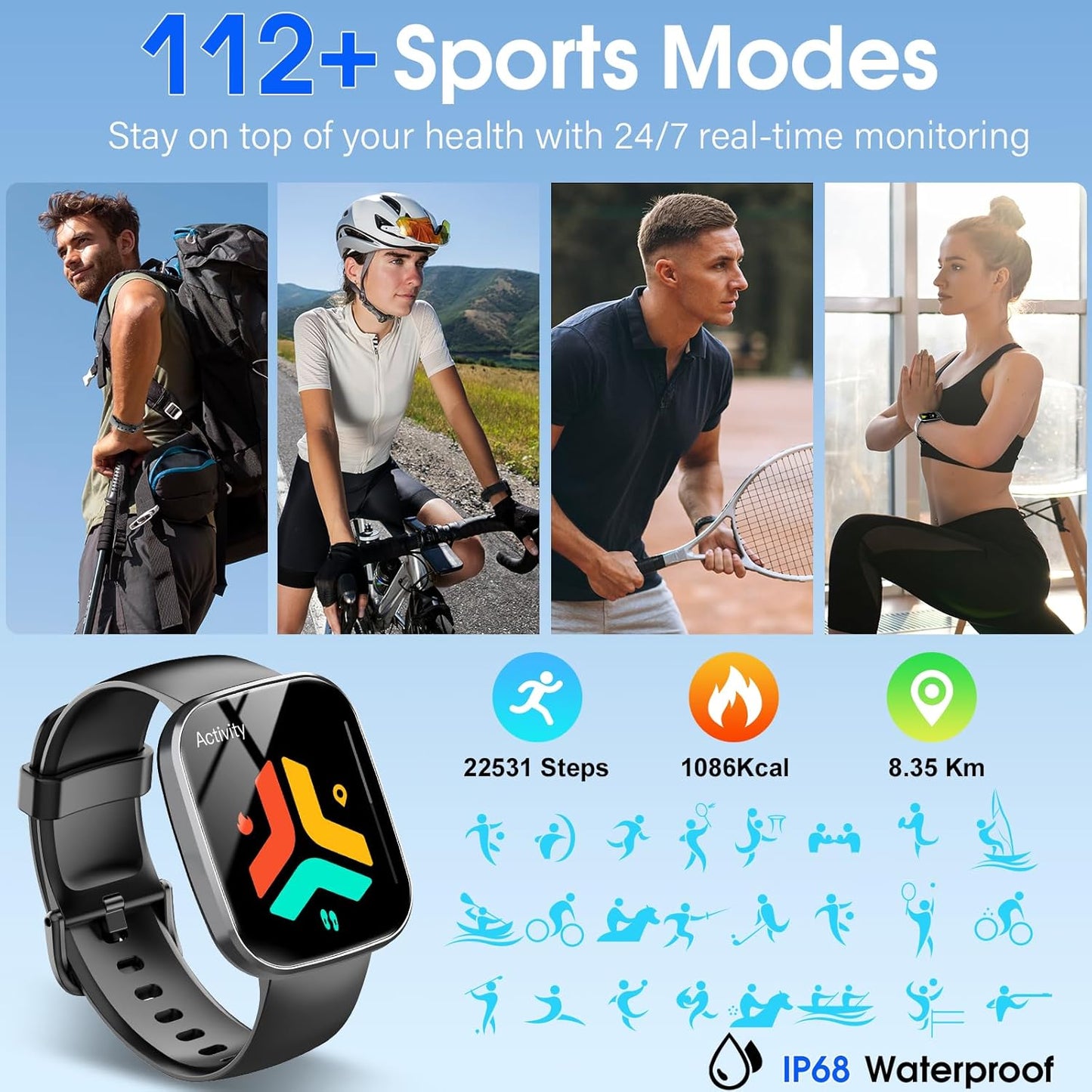 Smart Watch, 1.91" HD Screen Smartwatch for Men Women(Answer/Make Call), Fitness Watch with Heart Rate/Sleep Monitor/Steps Monitor, 110+ Sports Modes, IP68 Waterproof Activity Trackers for Android Ios