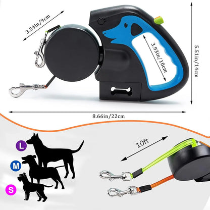 Auto Retractable Dog Leash 3M Extendable Rope for 2 Dogs Outdoor Travel Walking Traction Rope with Flashlight and Poop Bag Box