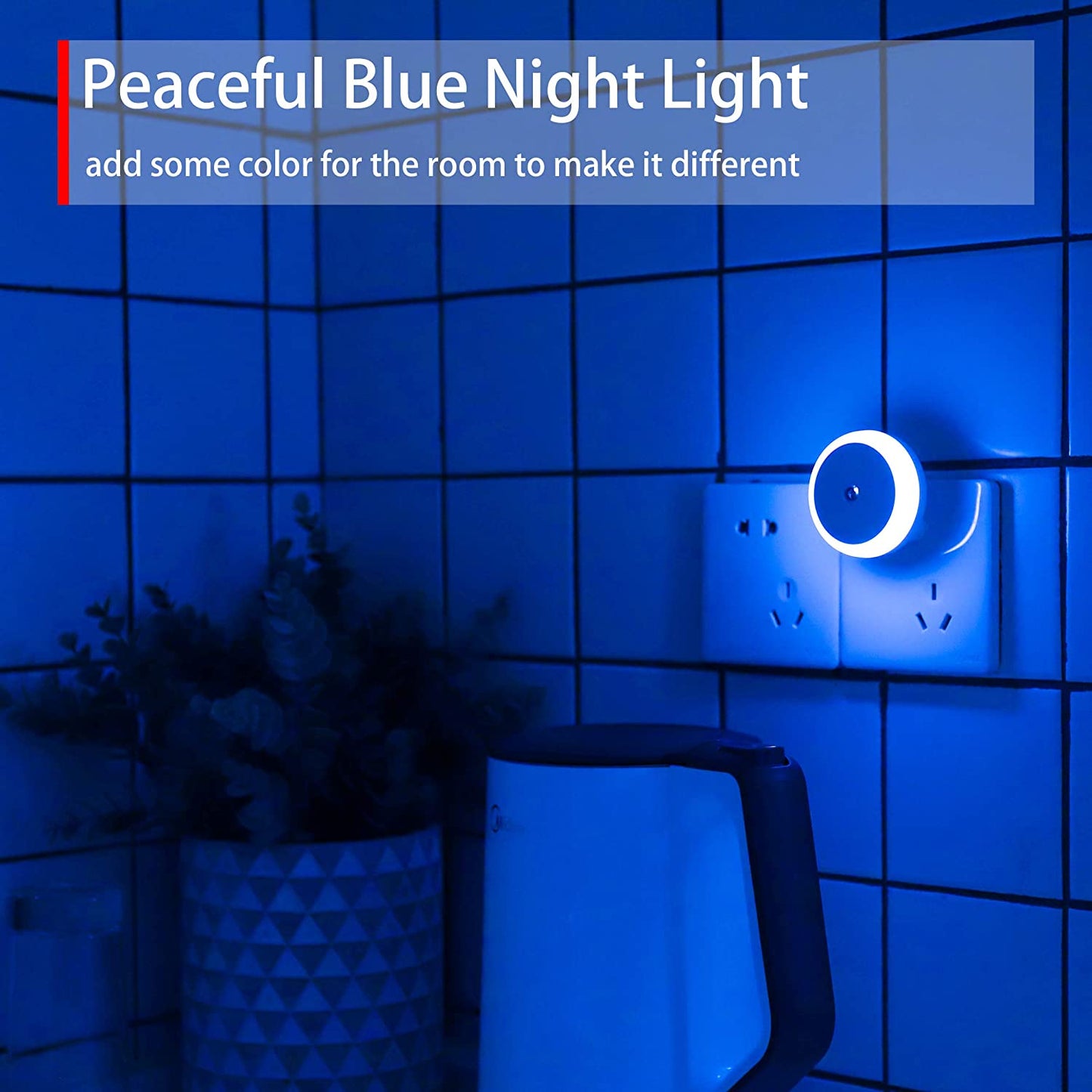 Blue Night Light, Plug In, Dusk to Dawn Smart Sensor, Small LED Nightlight, Energy Saving, Soft Glow, Night Light Plug into Wall for Bathroom, Kitchen, Bedroom, Hallway, Stairway, Round, 2 Pack