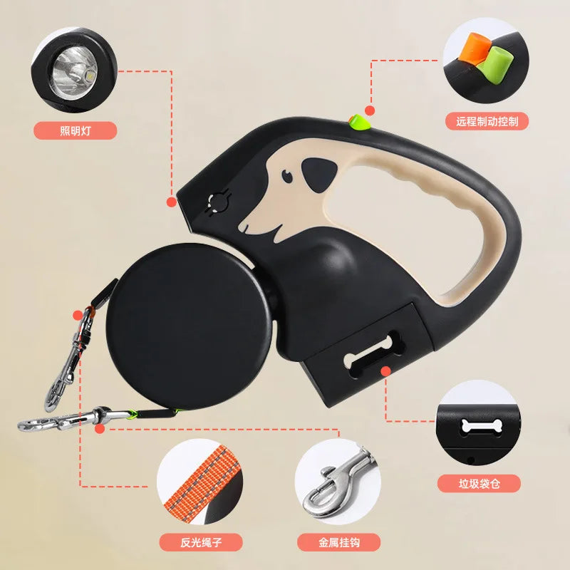 Auto Retractable Dog Leash 3M Extendable Rope for 2 Dogs Outdoor Travel Walking Traction Rope with Flashlight and Poop Bag Box