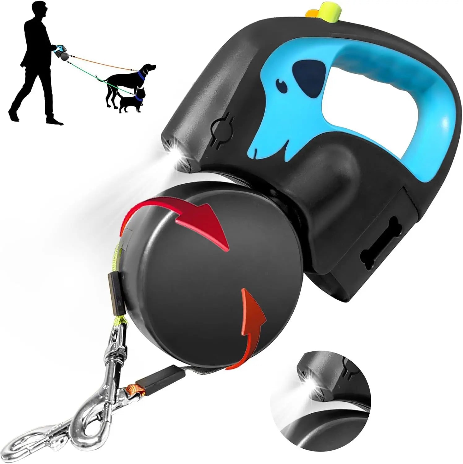 Auto Retractable Dog Leash 3M Extendable Rope for 2 Dogs Outdoor Travel Walking Traction Rope with Flashlight and Poop Bag Box