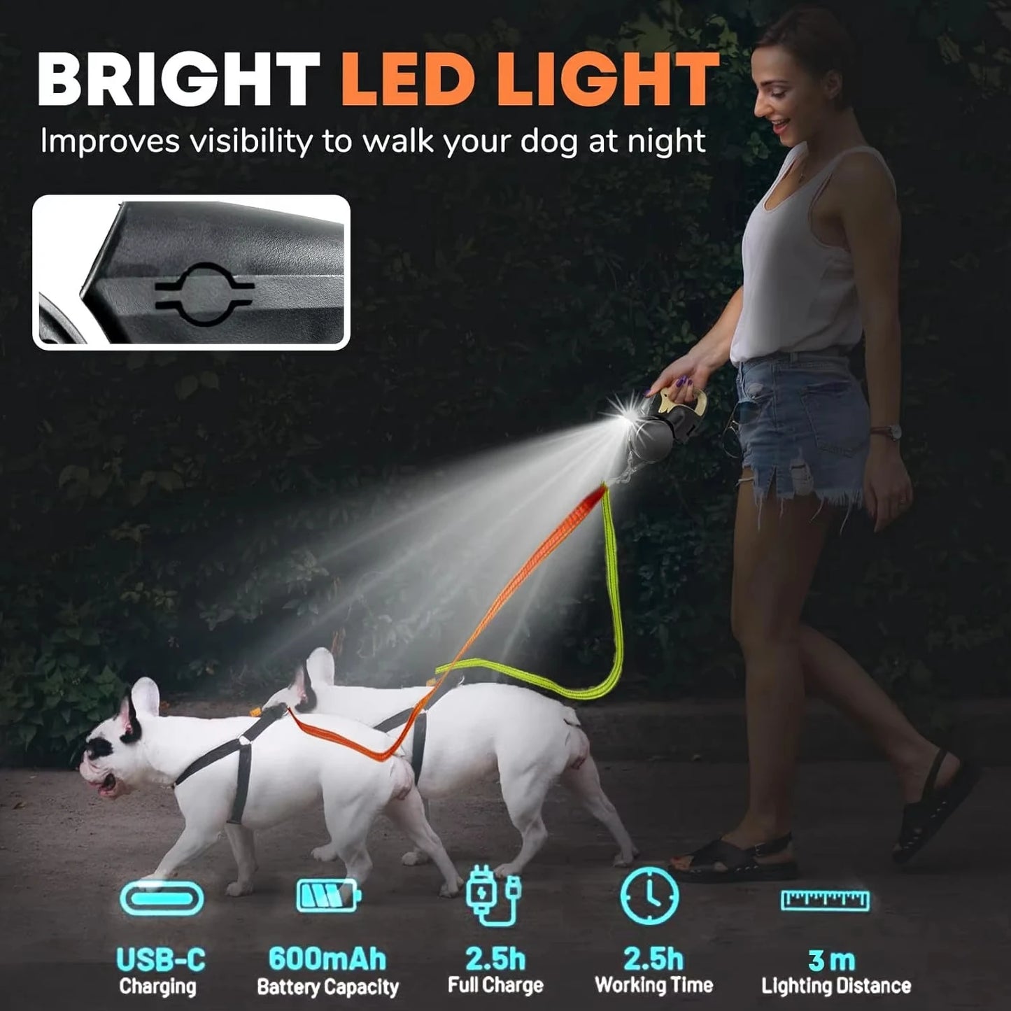 Auto Retractable Dog Leash 3M Extendable Rope for 2 Dogs Outdoor Travel Walking Traction Rope with Flashlight and Poop Bag Box